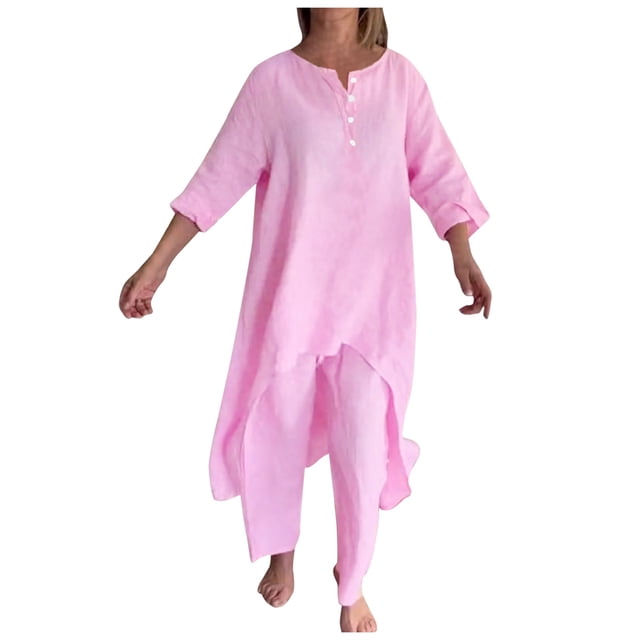 Traje de dos piezas de moda 2025 para mujer: top de manga larga irregular y pantalones de pierna ancha. Conjunto informal de estilo oriental.
