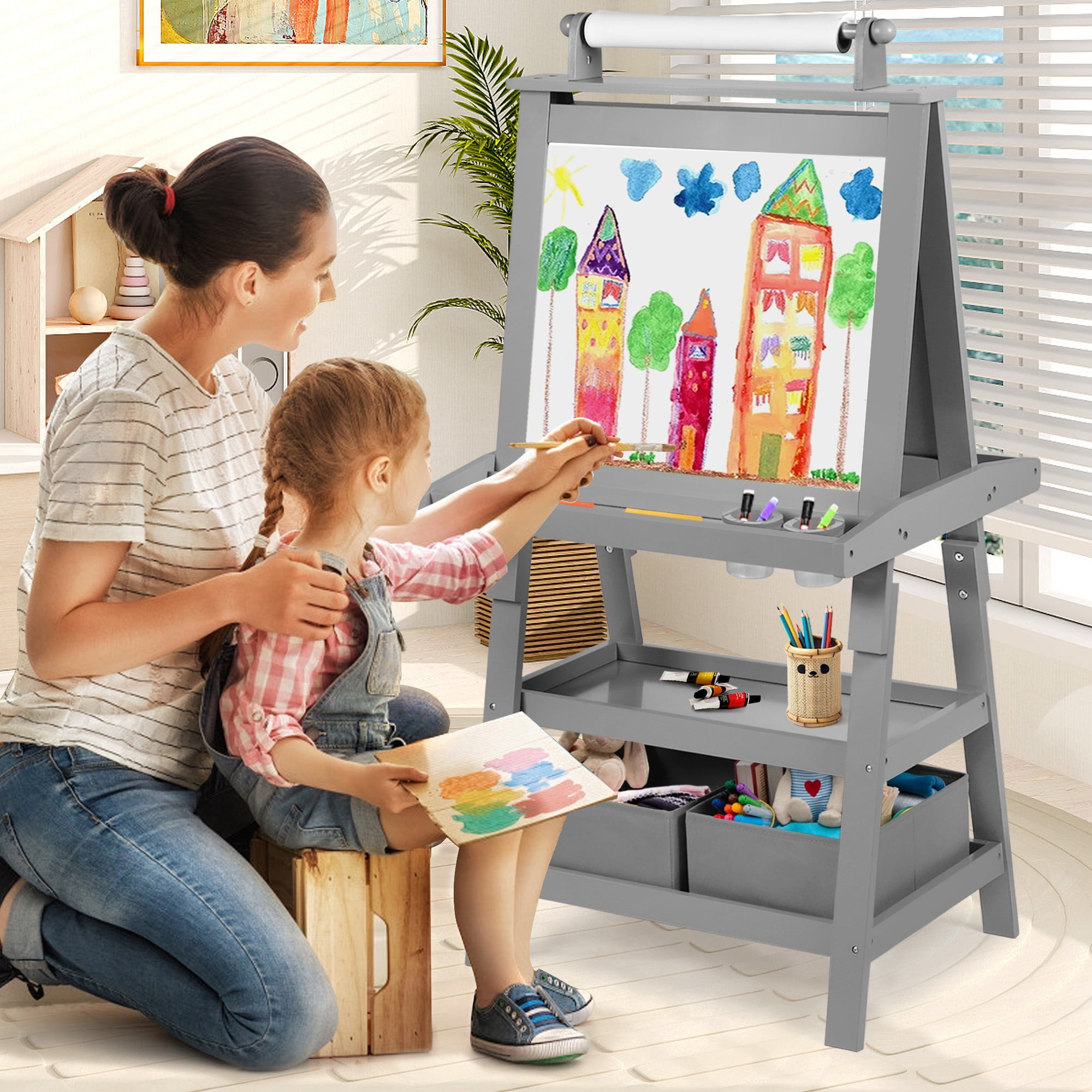 AILEEKISS 3 in 1 Kids Art Easel Double-Sided Magnetic Whiteboard Chalkboard with Paper Roller, Grey