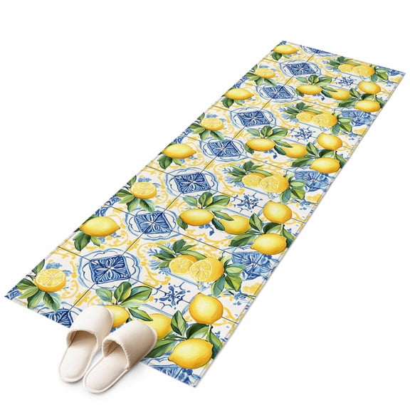Retro Lemon Area Rug 2x6ft Leaf Blue Yellow Geometric Modern Art Non-Slip Washable Square Rugs Soft Felt Indoor Floor Mat for Bedroom Kitchen Living Room Bathroom