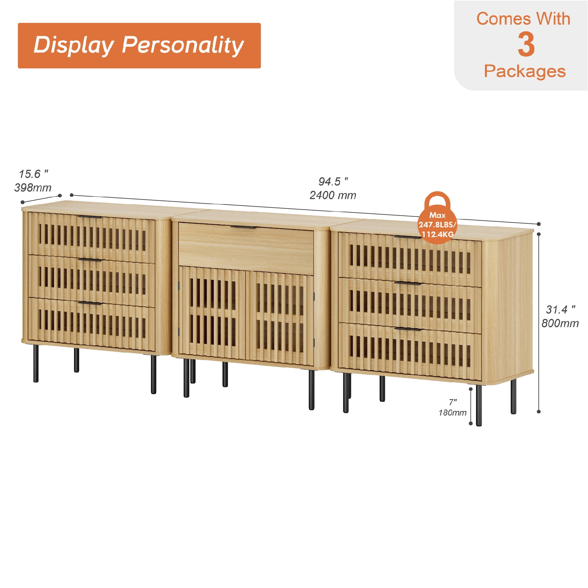 94.5 Inch Large Fluted Buffet Cabinet Sideboard with Storage, Pop-Up Doors & Adjustable Shelf, Wood Modern Accent Coffee Bar Console Table with Drawers for Kitchen, Living Room, Oak