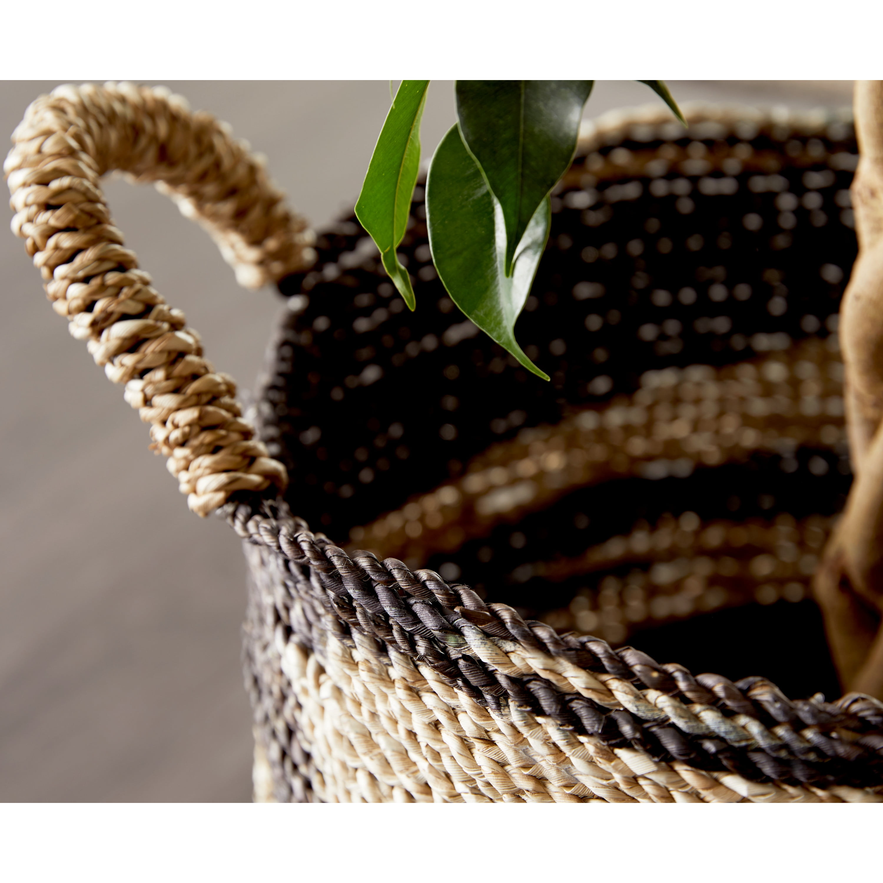 DecMode 18", 17", 16"H Black Seagrass Handmade Two Toned Storage Basket with Handles, 3-Pieces