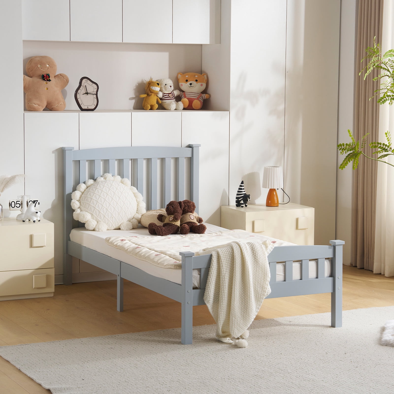 Twin Single-Layer Wooden Bed Vertical Decorative Strips Curved Headboard and Footboard Bed Frame Painted Pine Bed Frame, 79.33*42.52*38.98in Grey