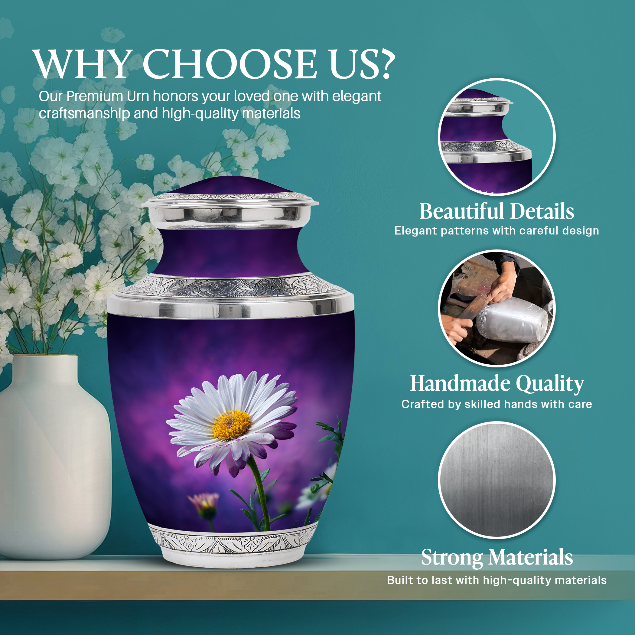 SABURIAL Daisy Urn - Small Urns For Ashes - Large Cremation For Adult Men & Women - Combo - 10 Inch Large With 3 Inch - Human Urns For Mom & Dad