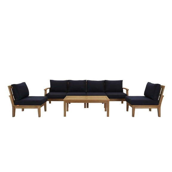 Modern Contemporary Urban Outdoor Patio Balcony Garden Furniture Lounge Sofa and Chair and Coffee Table Set, Wood, Navy Blue Natural