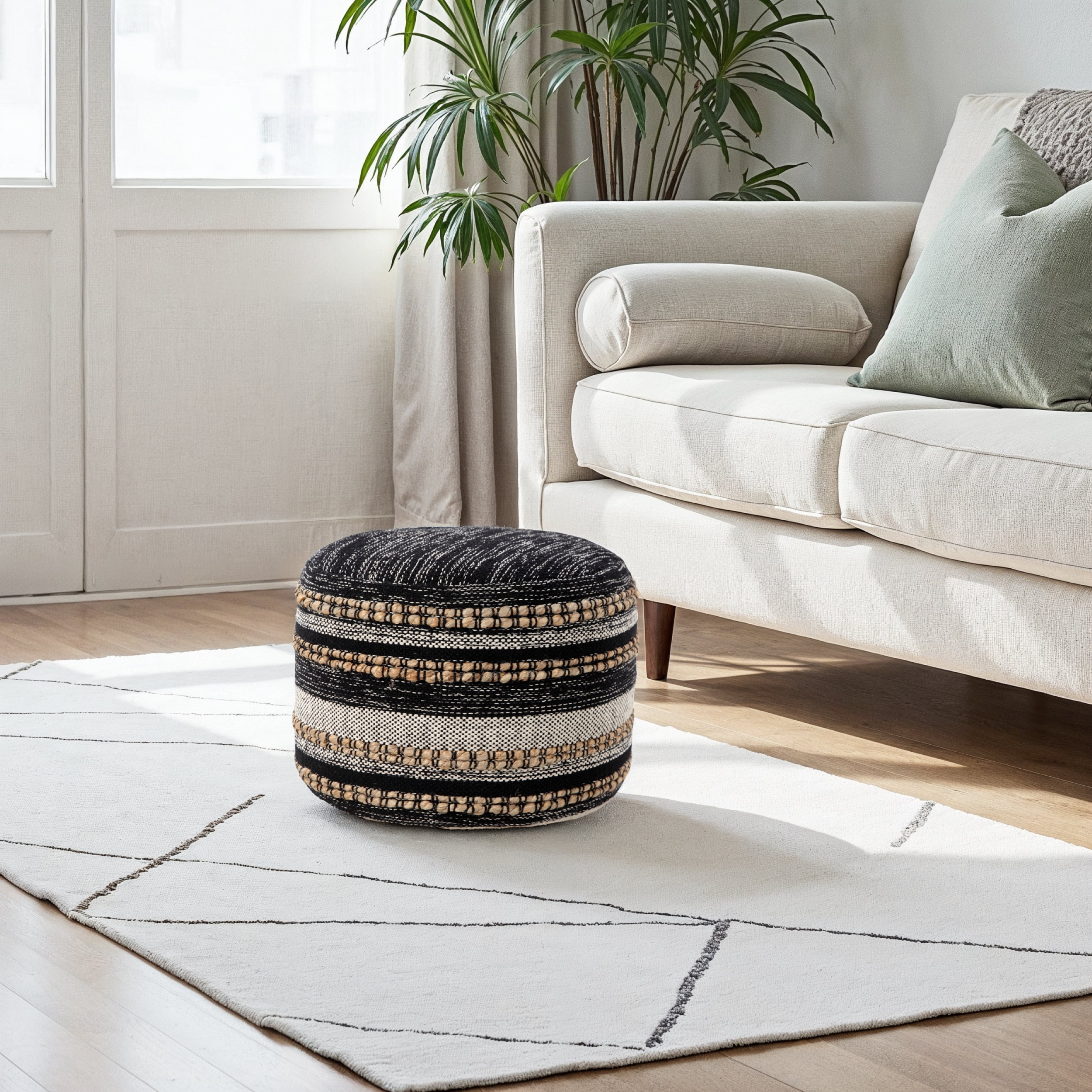 LR Home Round Black/Gray Striped Cotton and Jute Pouf Ottoman, 14" H x 18" W