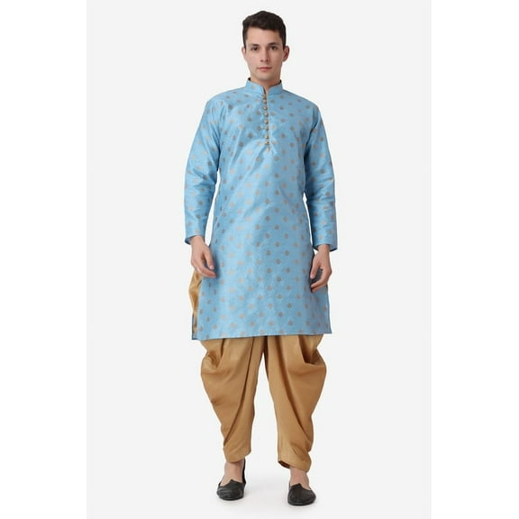 Royal Kurta Elegant Firozi Jacquard Silk Printed Long Kurta and Bronze Salwar for Men