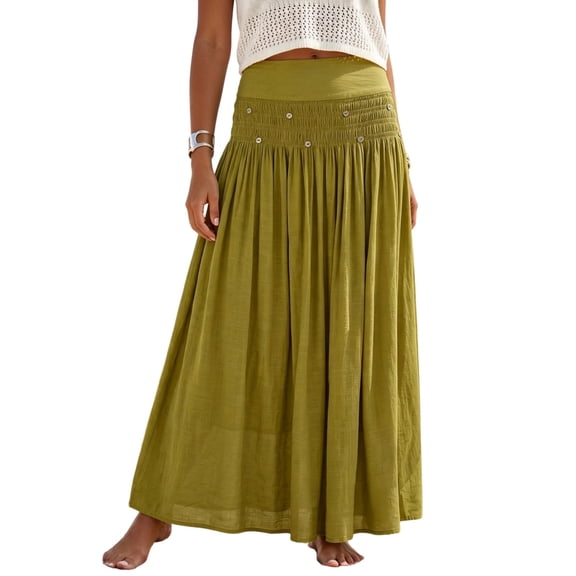 Lnmiateer Women Summer Beach Boho Long Skirt Linen Fabric Smocked High Waist Layered Flowy A Line Design Shell Star Casual Vacation Daily Wear