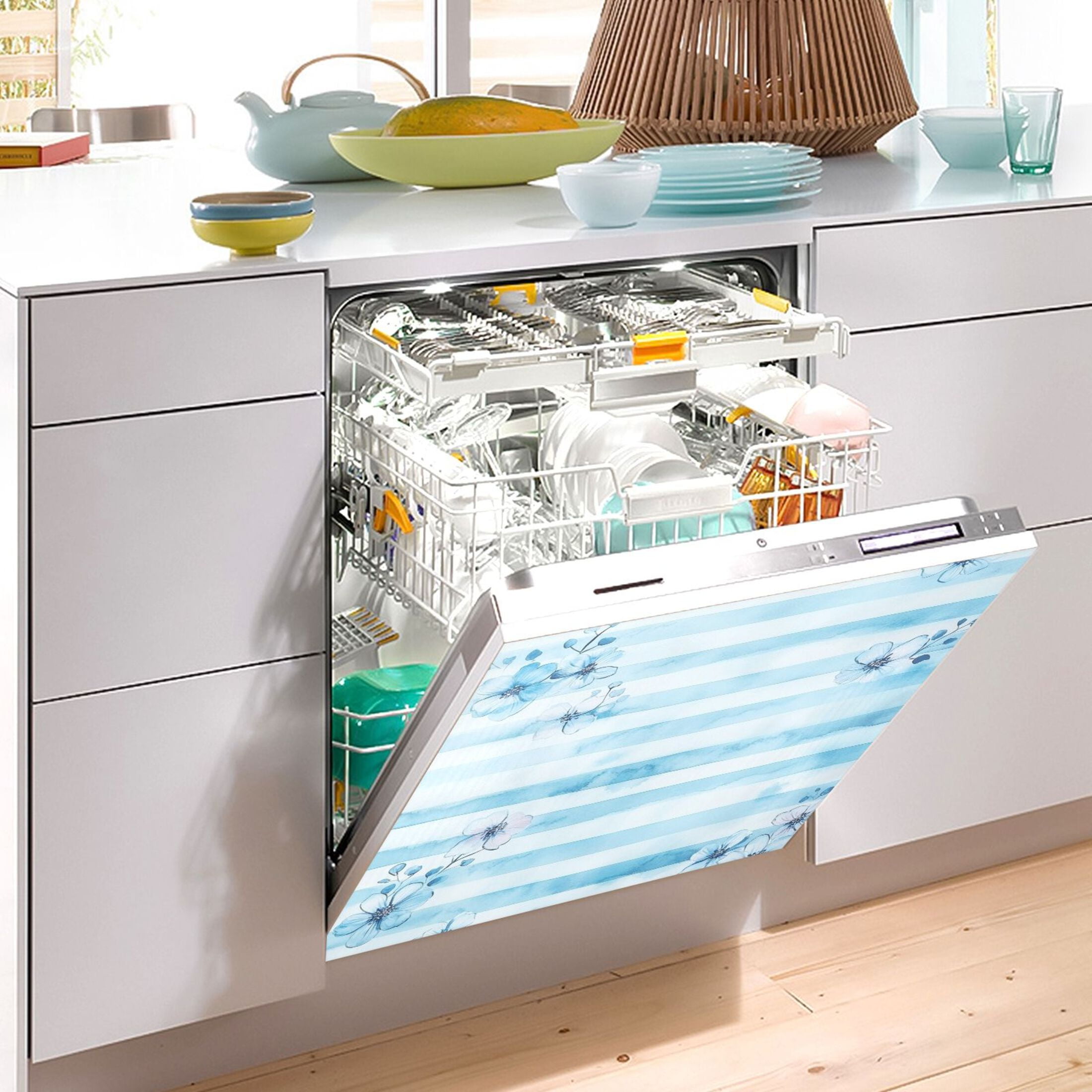 Dishwasher Magnetic Sticker 23x26 Inch Refrigerator Magnetic Sticker Washing Machine Magnetic Sticker Kitchen Panel Magnetic Sticker Home Decor Pretty Blue Cartoon Flowers