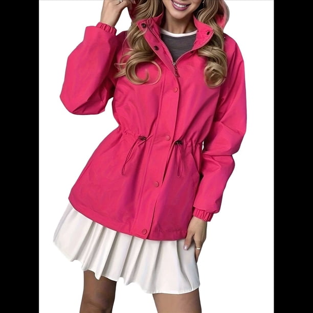 Chaqueta Impermeable de Larga con Capucha y Cremallera para Mujer, Gabardina, Cortavientos, Chaqueta de Viaje. Rosa Roja L
