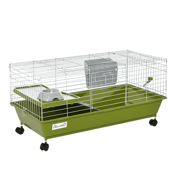 35" Small Animal Cage, Rolling Bunny Cage for Guinea Pigs, Chinchillas - w/ Food Dish, Water Bottle, Hay Feeder, Platform, Ramp, Green