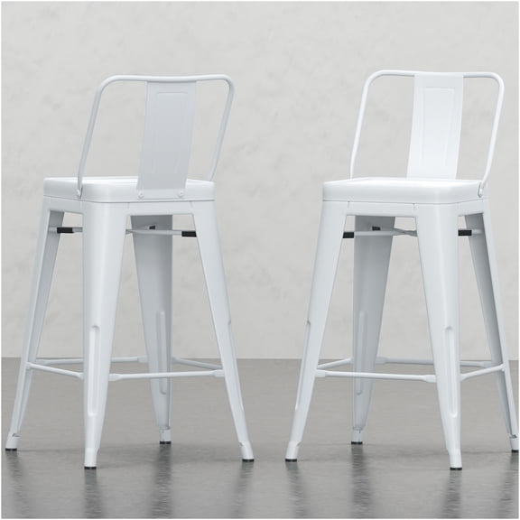 JERFIT 24 inch Counter Stools Set of 2, White Metal Bar Stools with Back & Footrest, Industrial Style Kitchen Island Stools