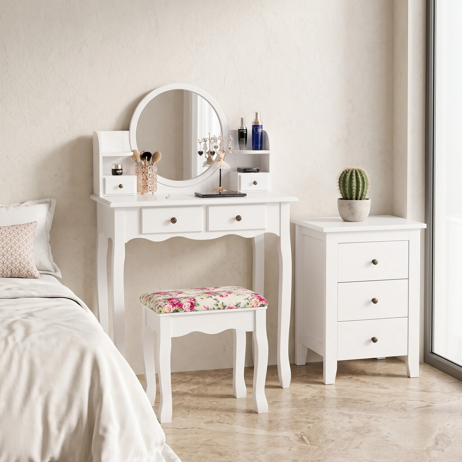 Furnibear Makeup Vanity Table Set Girls Dressing Table with 360-Degree Round Mirror 4 Drawers Cushioned Stool, White