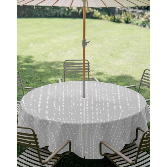 Outdoor Tablecloth with Umbrella Hole, Modern Polka Dot on Gray Zippered Table Cloth for Square Tables, Abstract White Dotted Washable Waterproof Tablecloths for Picnic Patio Garden