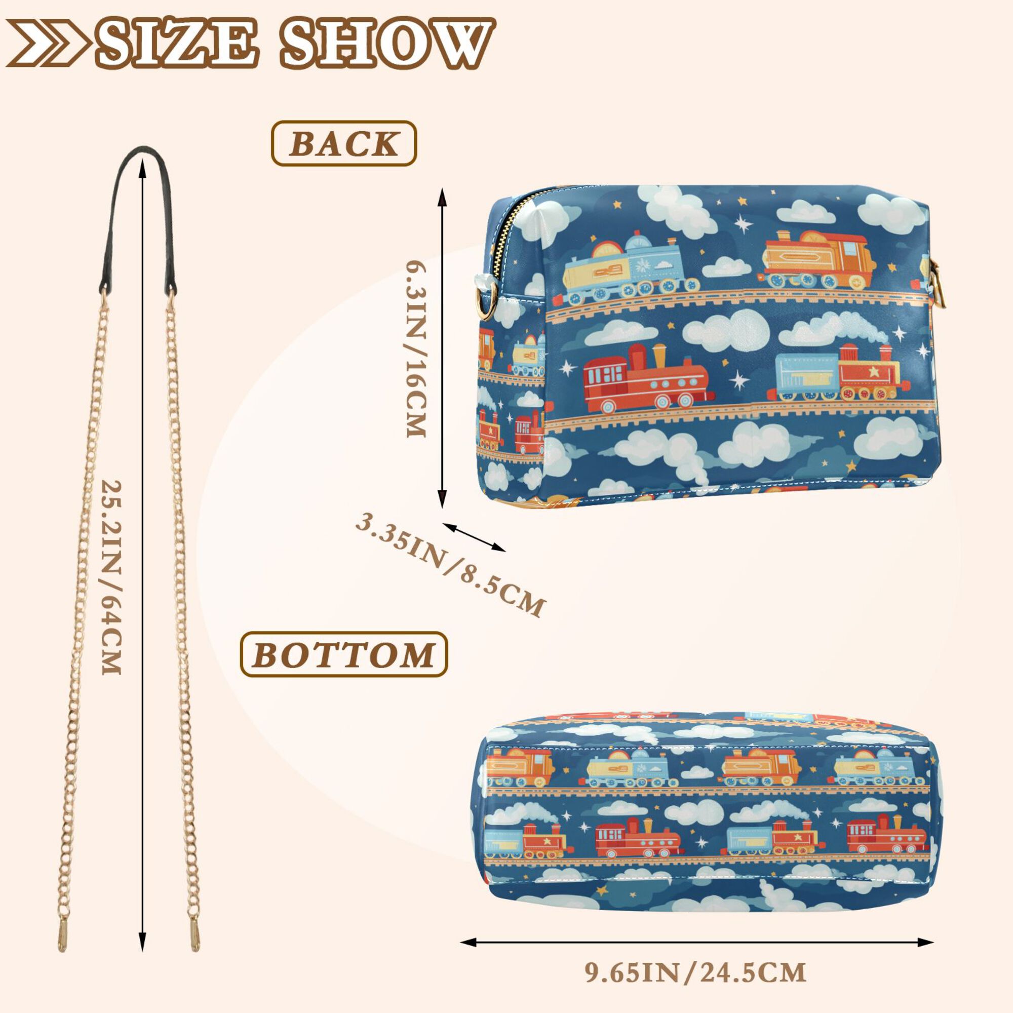 FORMRS Women Crossbody Purse with Chain Strap Vegan Leather Shoulder Handbag, Blue Cute Train Pattern