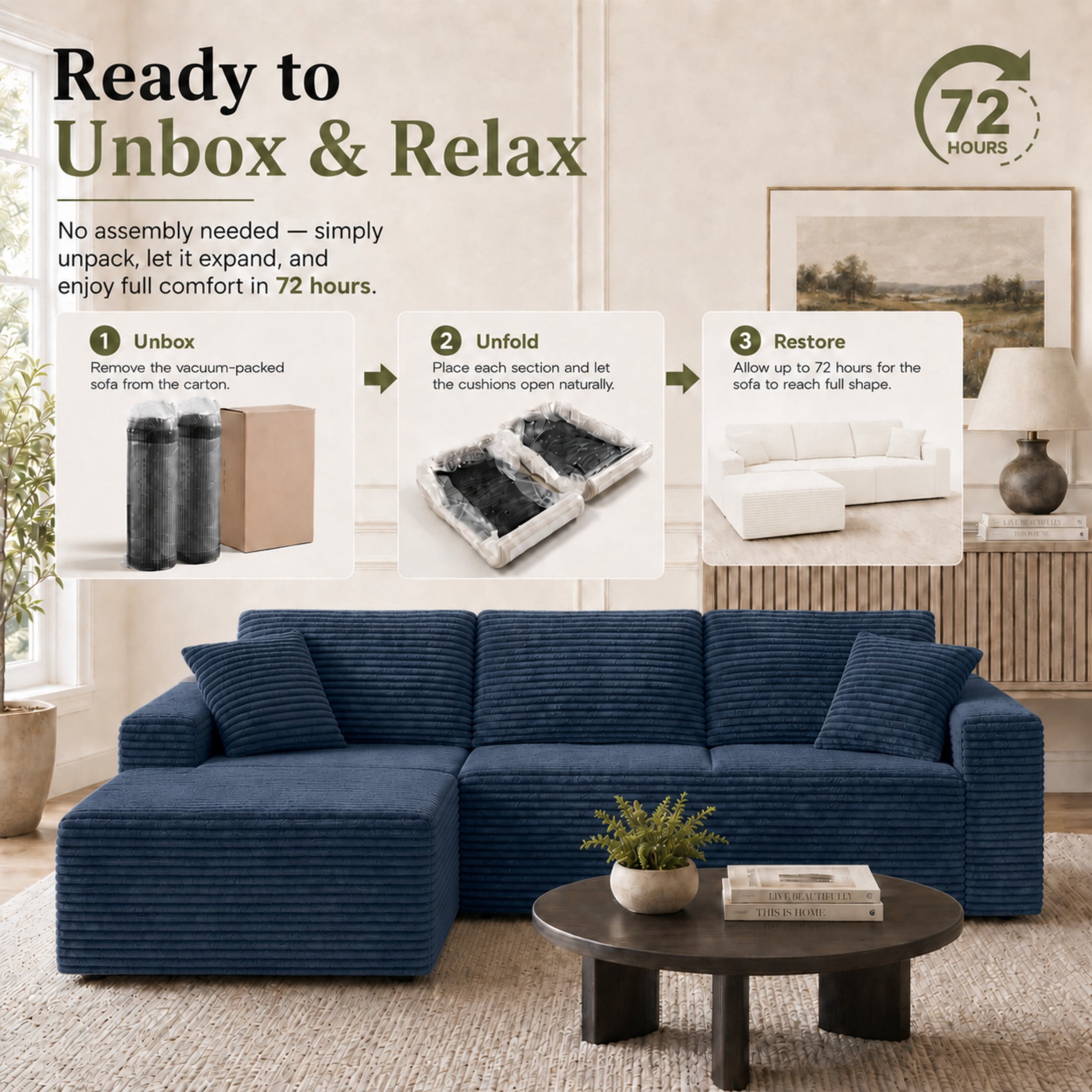 Aenkyo 106 Inch Corduroy L-Shaped Cloud Sectional Sofa with Reversible Chaise, Blue