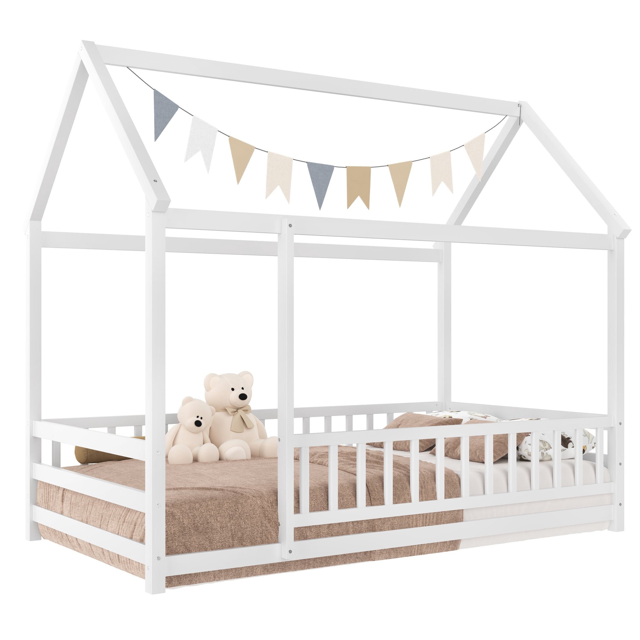 Noble House Twin Size Montessori Floor Bed with House Roof Frame and Safety Guardrails, White