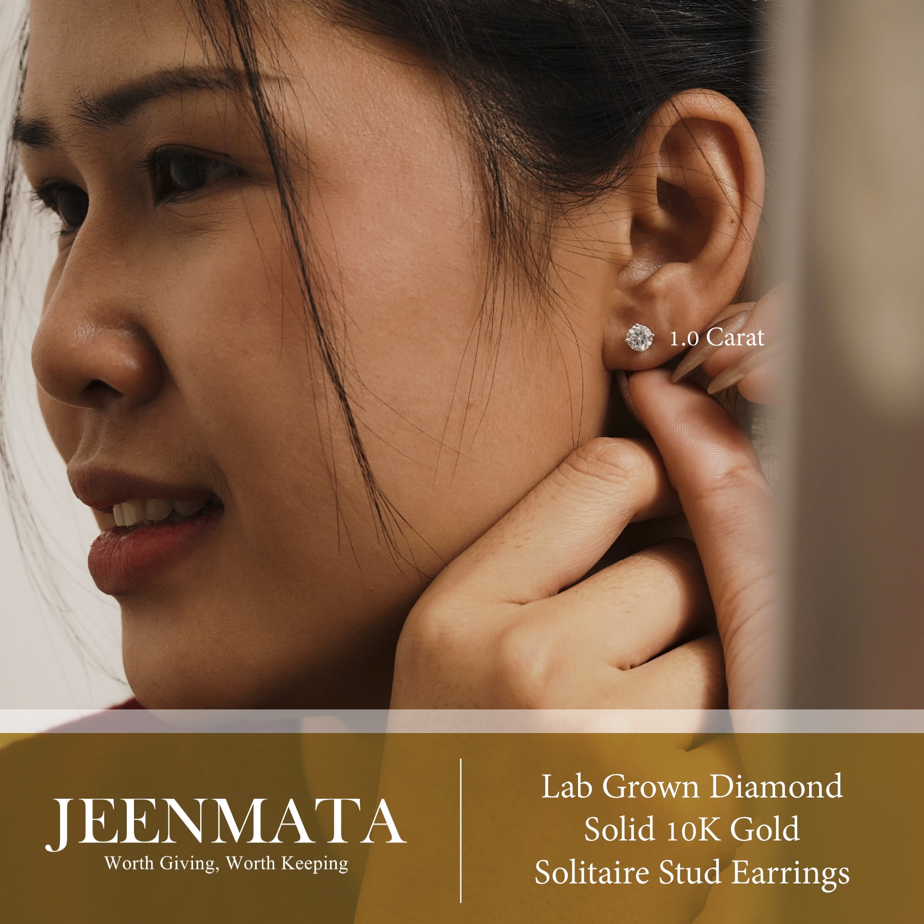 JeenMata Lab Grown Diamond Earrings 1 Carat Round Cut Real Solid 10K White Gold Solitaire Studs for Women