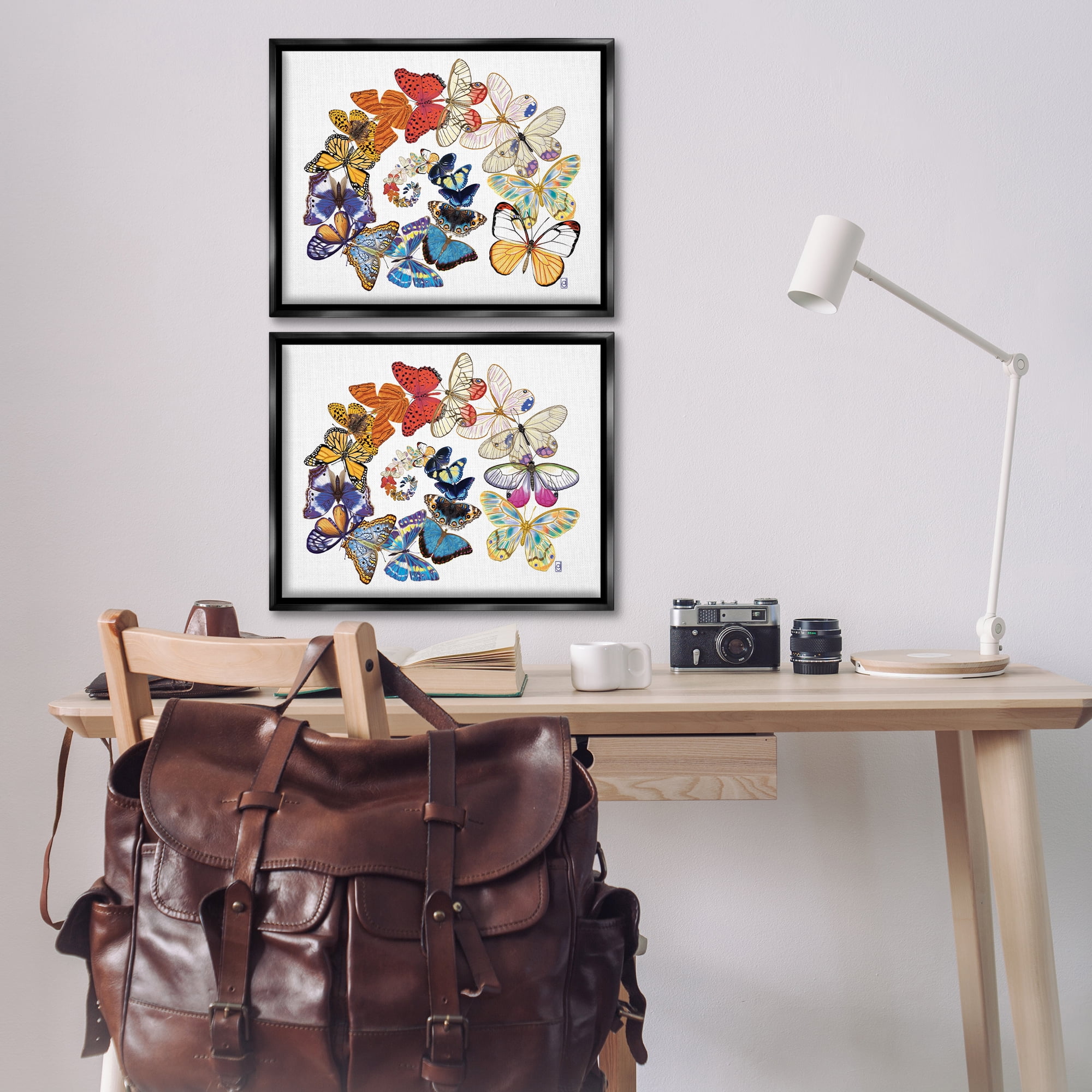 Stupell Industries Fly Away Butterfly Spirals Animals Painting Black Floater Framed Canvas Art Print Wall Art, 21 x 17, Set of 2
