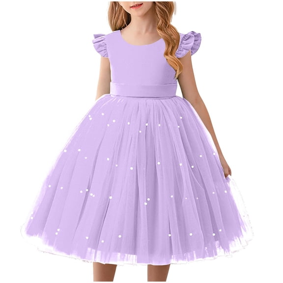 BLTIBY Girls Flower Dresses for Wedding Flying Sleeve Round Neck Flower Pearls Mesh A Line Formal Dress Purple 8-9 Years