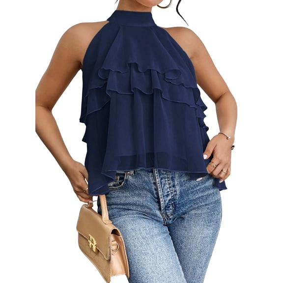 Women'S Layered Ruffle Hem Sleeveless Halter Chiffon Blouse Flowy Tank Tops Navy Blue L