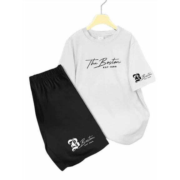 Okgogo Big Boys Outfits "The Boston" Graphic Short Sleeve T-shirts & Shorts Set 2Pcs Summer Clothing From 8-12Y