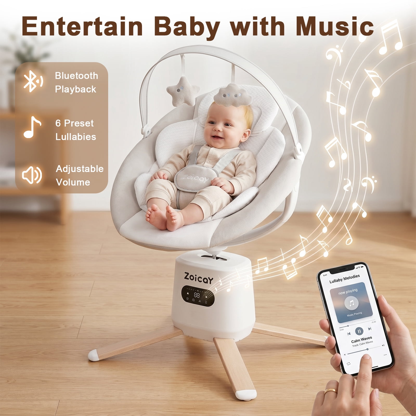 Zoicay Baby Swing, Infant Swing with 8 Motions & 8 Speeds, 360° Rotating Seat, Bluetooth Music & 6 Preset Melodies, APP Remote Control, White
