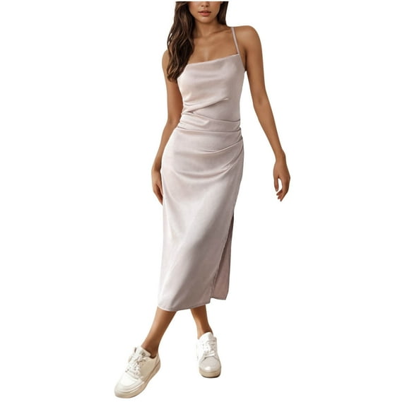 Youyipin womens dresses Women's Spaghetti Strap Midi Satin Slik Dress Cowl Neck Elegant Long Slip Ruched Evening Dress Party Cocktail summer dresses for women 2025