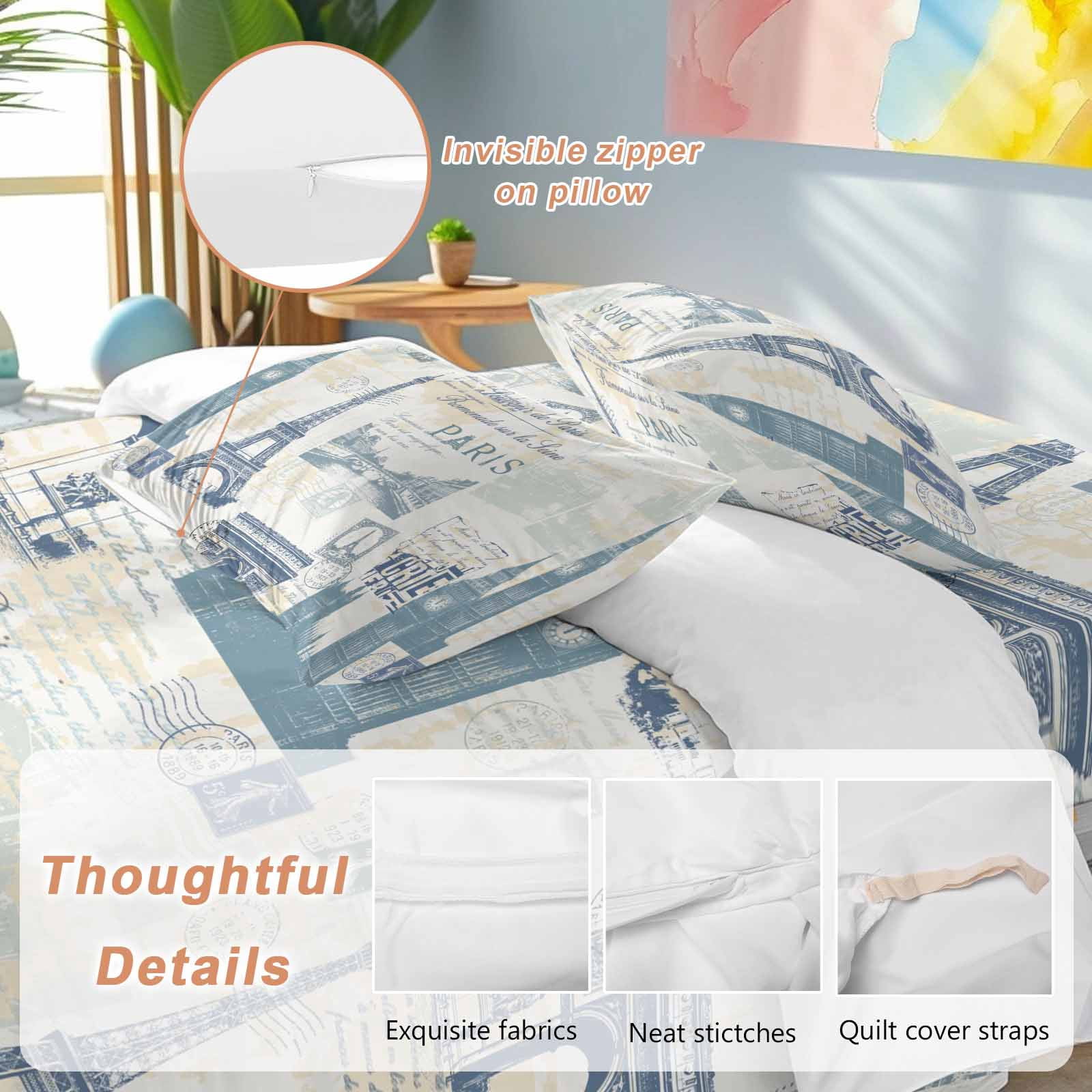 Vintage Art California King Duvet Cover Set, International Buildings Paris Towers Blue Grey 4 Piece Microfiber Bedding Set with Zipper Closure, Bed Sheet and 2 Pillow Shams, Soft Bedding Cover