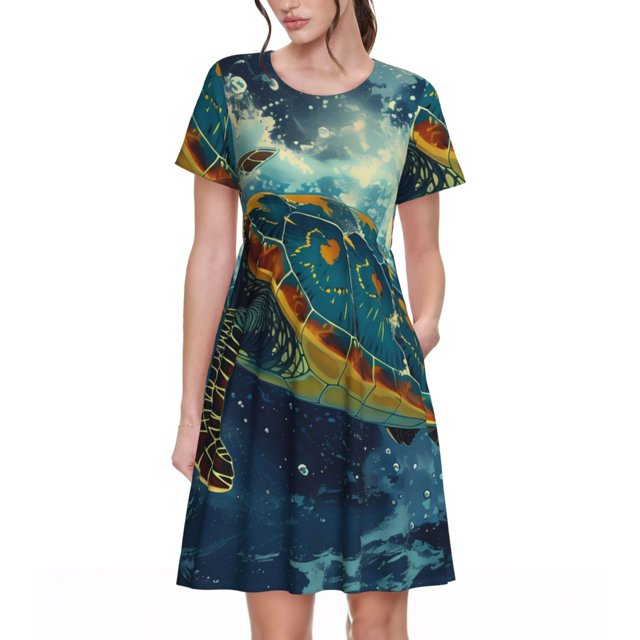 Easygdp Surfing Turtle para Vestido Transpirable de Mujer, Vestido Suelto de Manga Corta con Pliegues y Bolsillos para el Verano