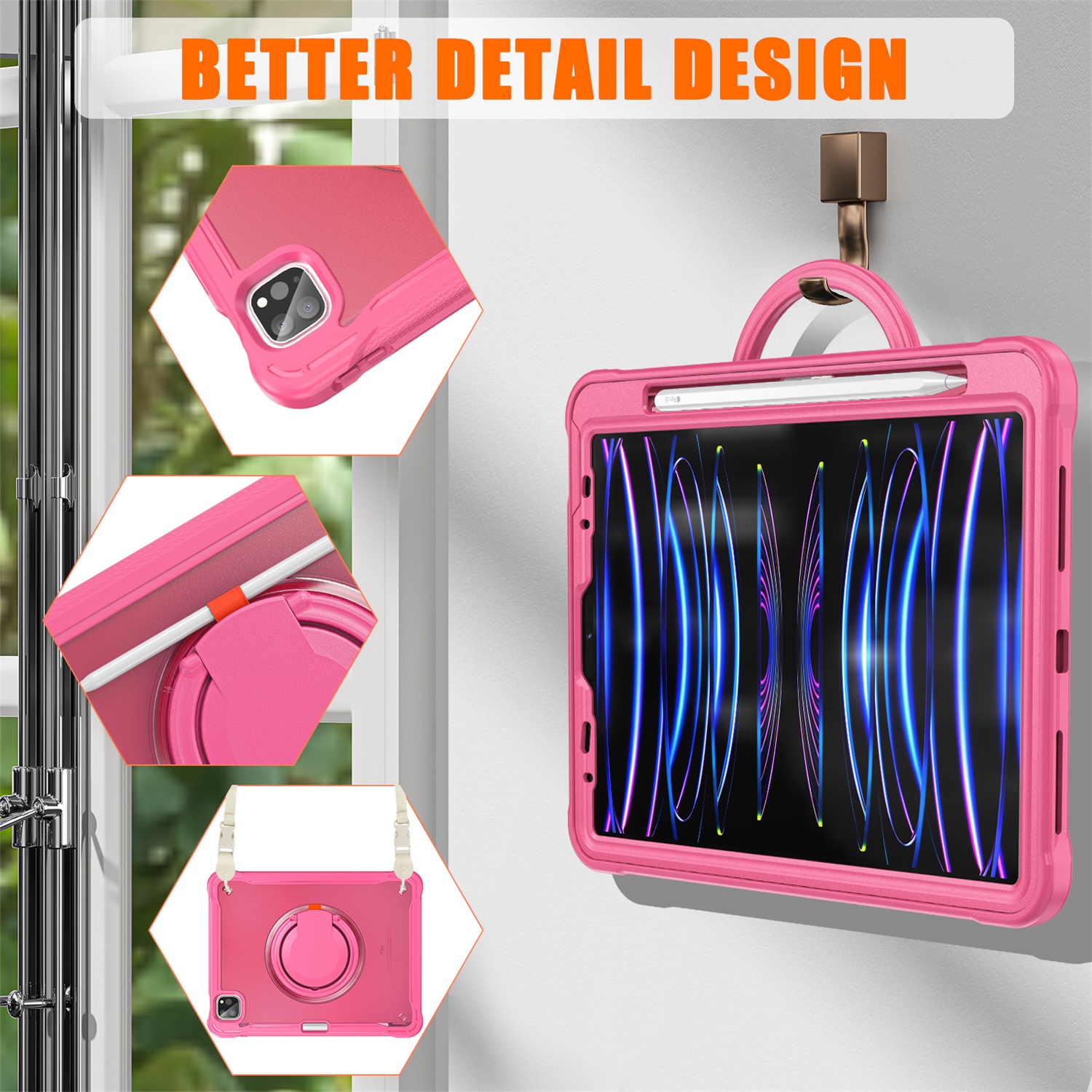 SaniMore Case for Apple iPad Air 11 (2024), with Shoulder Strap Pencil Slot Hybird PC TPU Back Cover 360° Ratating Handle Bracket Shockproof Anti-fall Rugged Kids Shell, Rose