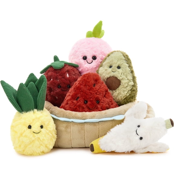 Muiteiur 7PCS Fruit Stuffed Animal Fruit Plush Toy (Fruit Basket, Watermelon, Banana, Avocado, Cherry, Strawberry, Pineapple)