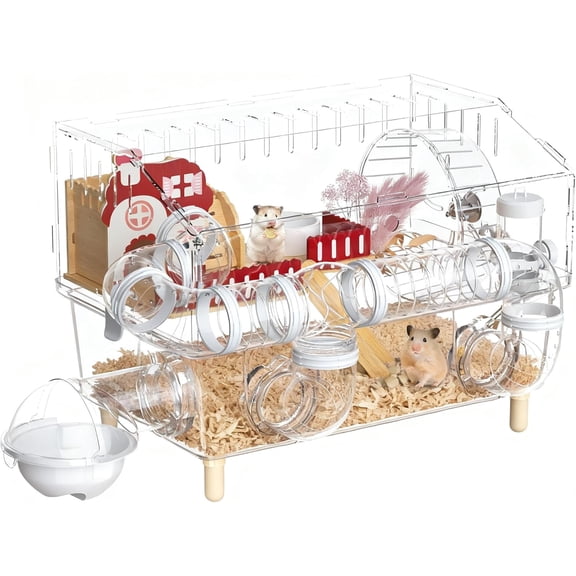Acrylic Hamster Cage Chewproof,8 in 1 Hamster House 2-Layer with Transparent Viewing,Top Open Mouse Cage for Pet Mice,Hamster Habitat for Dwarf Hamster,Gerbils (Clear, 17.7"x13"x11.8")