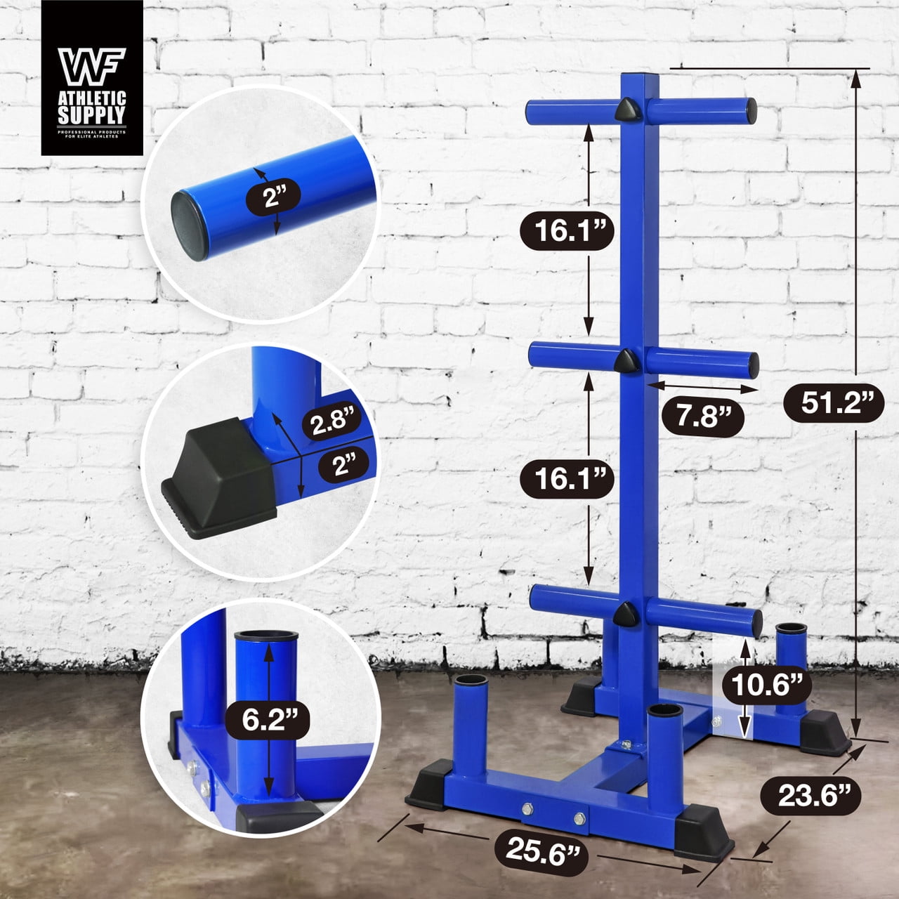 WF Athletic Supply Olympic Bumper Plate Storage Rack, Home Gym 2 Inch Weight Plate Holder, Heavy-Duty Weight Plate Tree with 4 Barbell Holders, 800LB Weight Capacity, Blue