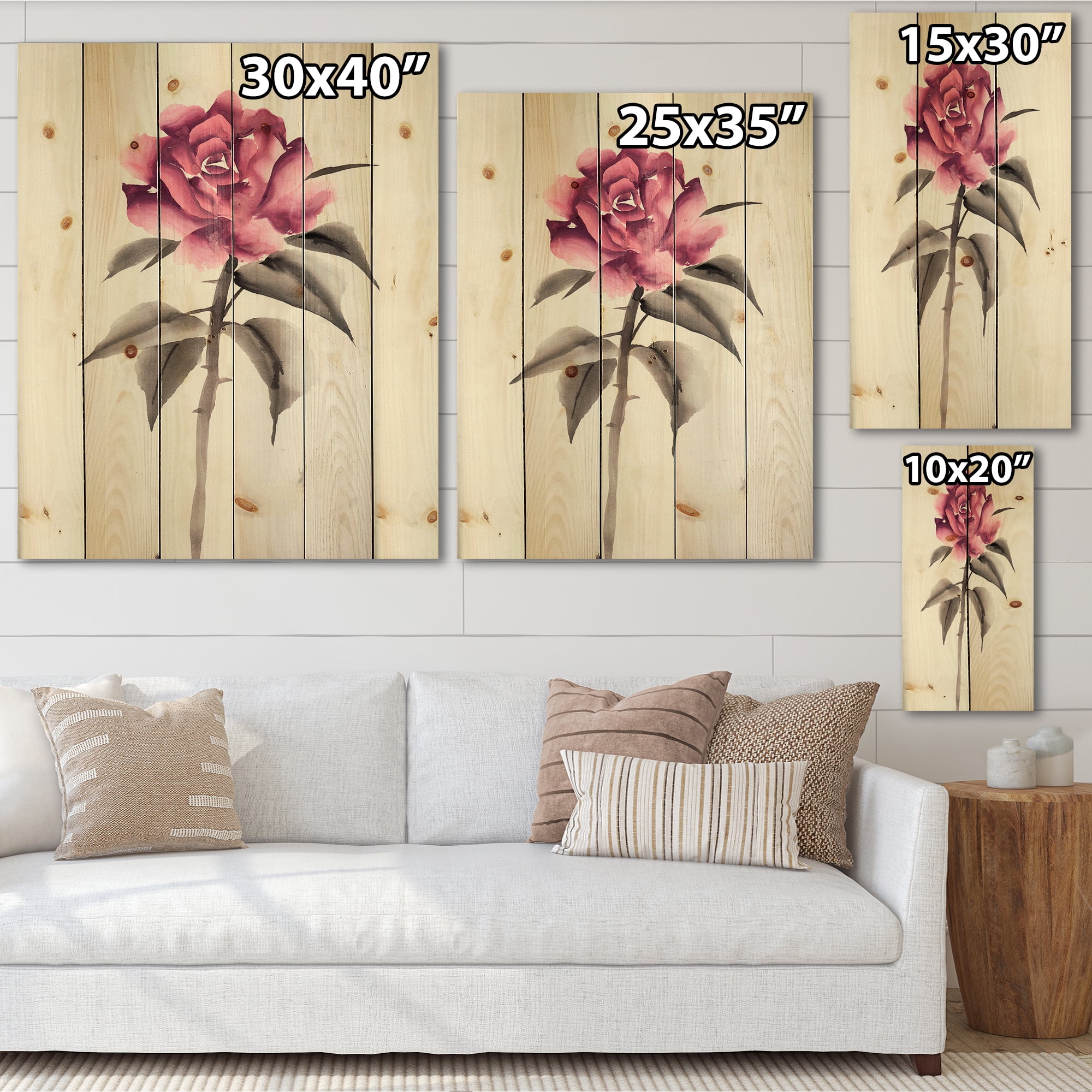 Designart 'Ancient Pink Rose Flower' Traditional Print on Natural Pine Wood