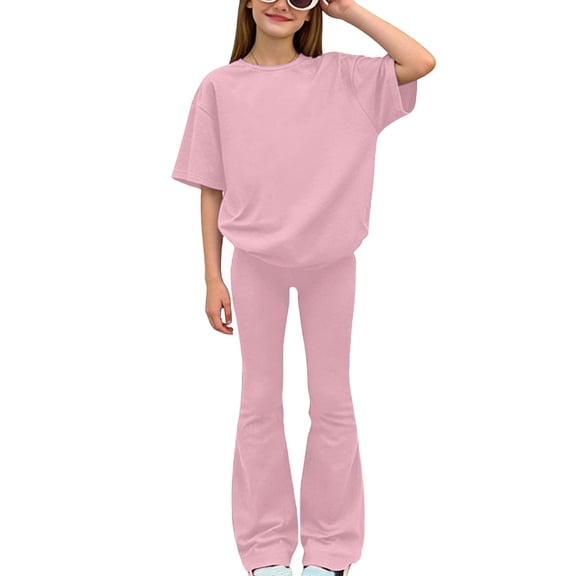 CLOISE 2 Piece Outfit for Kids Girls Short Sleeve Travel Outfits Lounge Sets T Shirts Long Pants Matching Summer Clothes