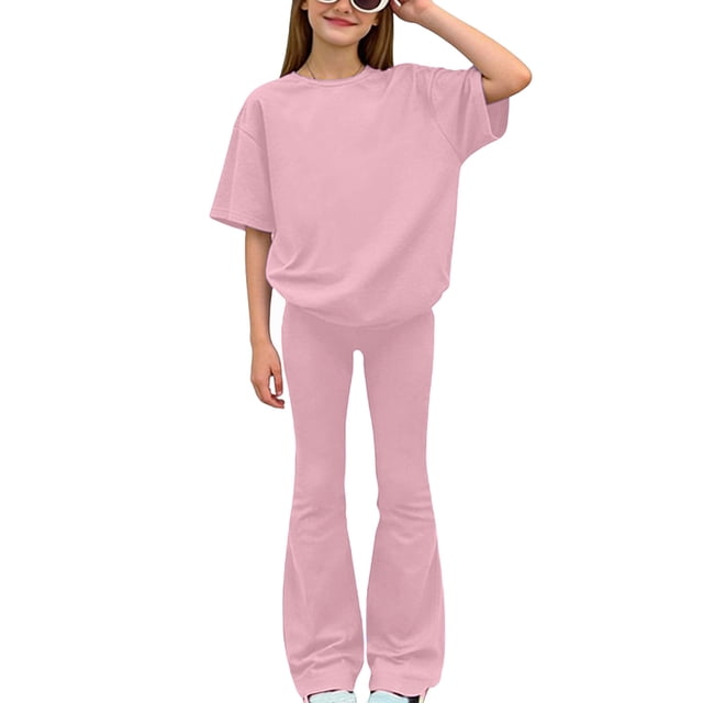 BLVB Ensembles Deux Pièces pour Filles Mode Enfants T-Shirts à Manches Courtes Col Ras du Cou Hauts et Pantalons Évasés Ensemble de Vêtements Décontractés 8-13 Ans