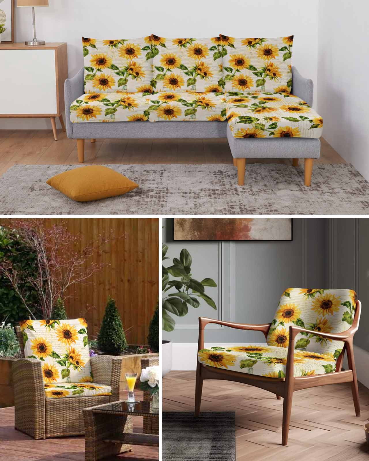 Retro Sunflower Couch Cushion Covers, Stretch Seat Cushion Covers for Sectional Sofa, Watercolor Letter Flowers Individual Sofa&nbsp;Slipcovers Furniture Protector with Elastic&Straps Small 1Pcs
