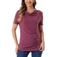 thumbnail image 1 of Camiseta básica casual de manga corta con botones decorativos y fruncido en la parte delantera de INSPIRE CHIC para mujer en burdeos, 1 of 1