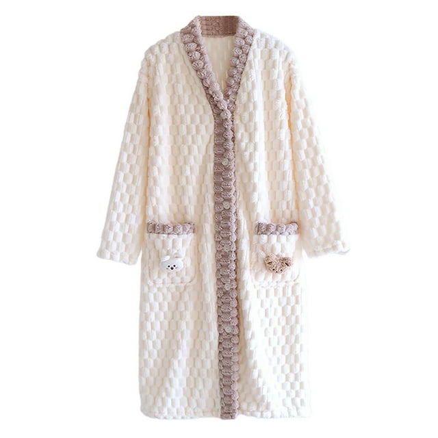 Chemise de Nuit en Flanelle pour Femmes à Manches Longues Automne/hiver Vêtements de Nuit Robe en Flanelle Confortable pour Femmes Robes pour Femmes Beige G