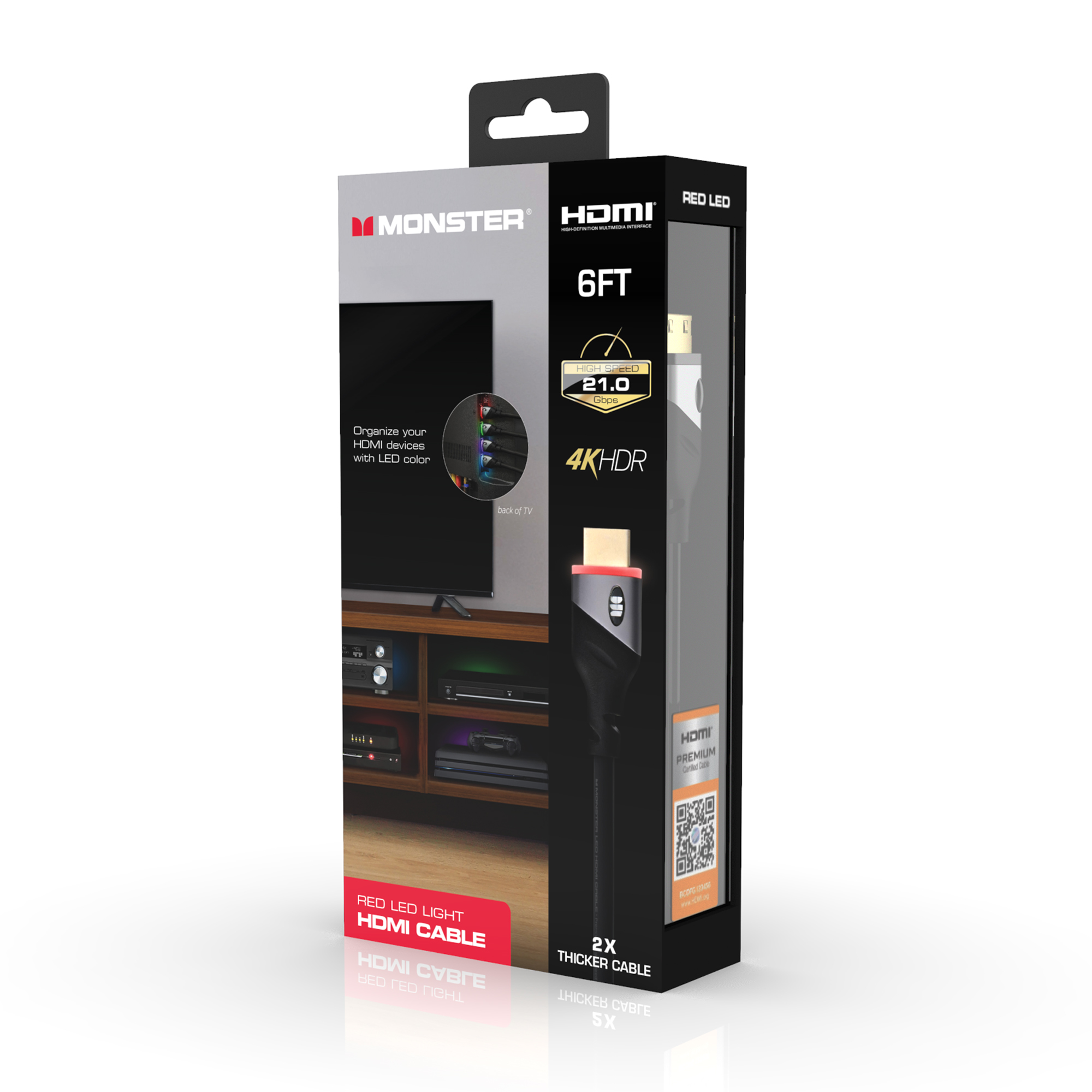 Monster LED HDMI Cable, 6 Feet, Red Light photo 6