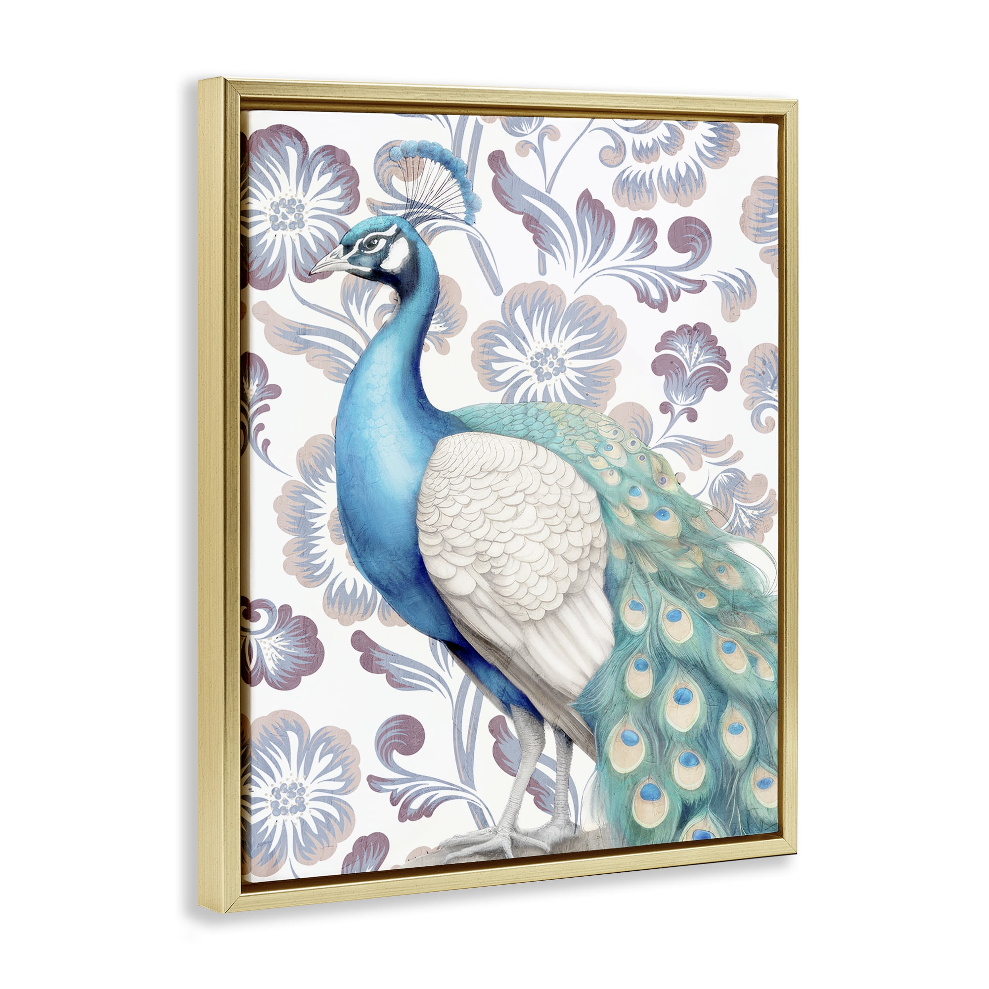 Stupell Industries Peacock on Floral Pattern Animals Painting Gold Floater Framed Canvas Art Print Wall Art, 17 x 21