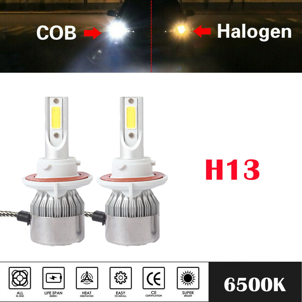 2PCS H13 9008 LED Headlight Conversion 36W 8000LM HI-LO Beam Bulbs 6500K 50 