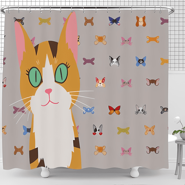 Whimsical Orange Tabby Cat Shower Curtain with Colorful Butterflies & Cat Faces - Fun Bathroom Decor