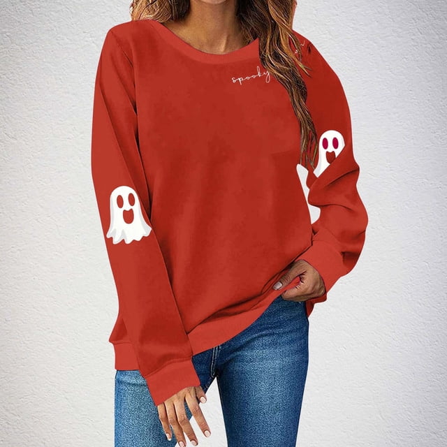 Ailaofu Women's Ghost Skull Crop Sweatshirt Fall Halloween Long Sleeve Pullover Spooky Season Sweatshirt