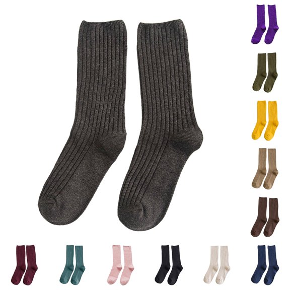 PMVFHDE Crew Socks Spring Fall Long Solid Japanese Double Needle Cotton Mid Calf Daily Wear