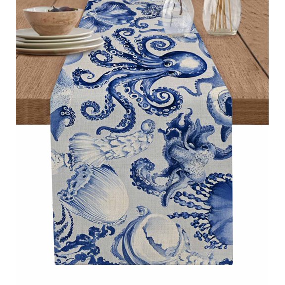 Navy Blue Octopus Coastal Table Runner 72 Inches, Summer Beach Ocean Rustic Bed Runner Dresser Scarves Tabletop for Indoor Outdoor Parties/Ceremony/Banquet, 13" x 72"