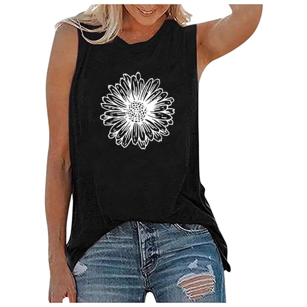 Gibobby Camiseta sin mangas para mujerO-cuello Girasol ImpresoPartyModa Top Camisas(Negro,CH)