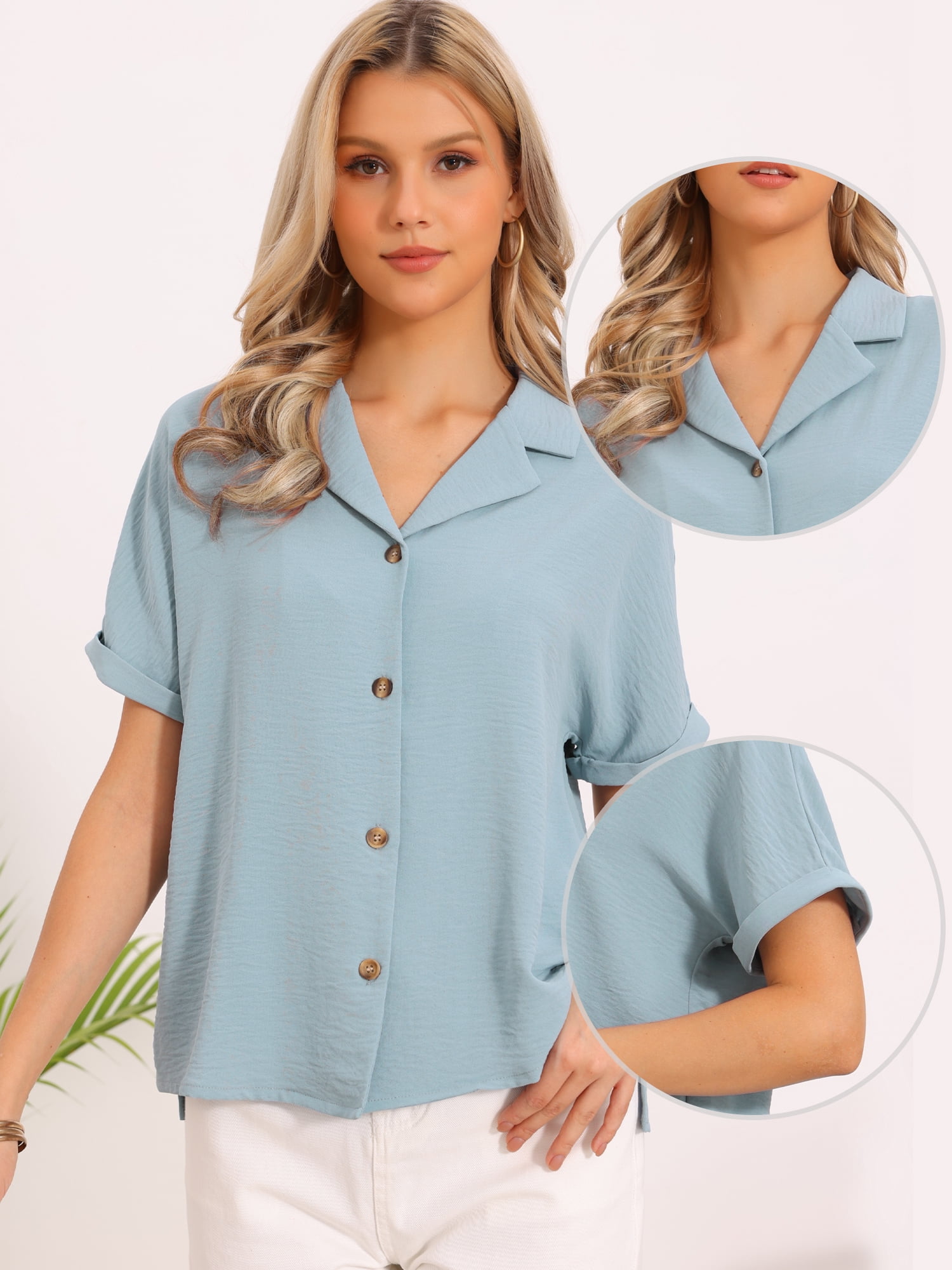 DARING DIVA Women's Business Casual Blouses Casual V Neck Short Sleeve Shirts S Blue