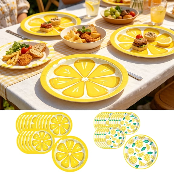 16pcs Heavyweight Disposable Round Paper Plates, in Lemon Holiday Motif 9in Sizes, Sturdy Dinnerware for Summer Picnic, Bridal Gatherings, Birthday Feasts and Seasonal Party Food Serving, A