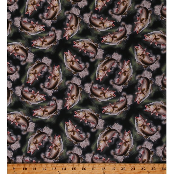 Cotton Wildlife Largemouth Bass Allover Fishing Nautical Animals Multicolor Cotton Fabric Print by the Yard (133148)